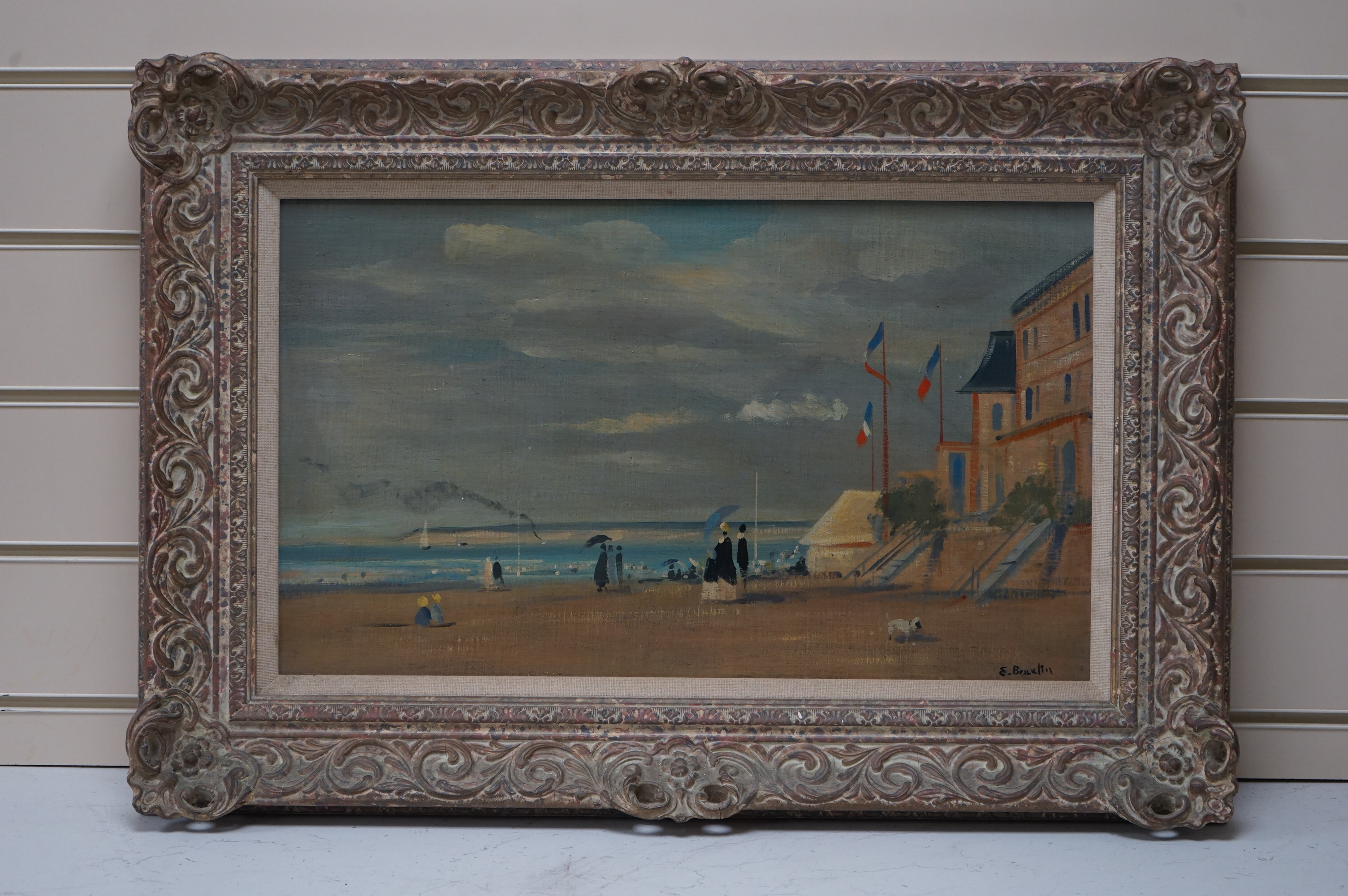 After Eugene Boudin, oil on board, Beach scene with figures, 29 x 49cm, ornate frame, Condition - good